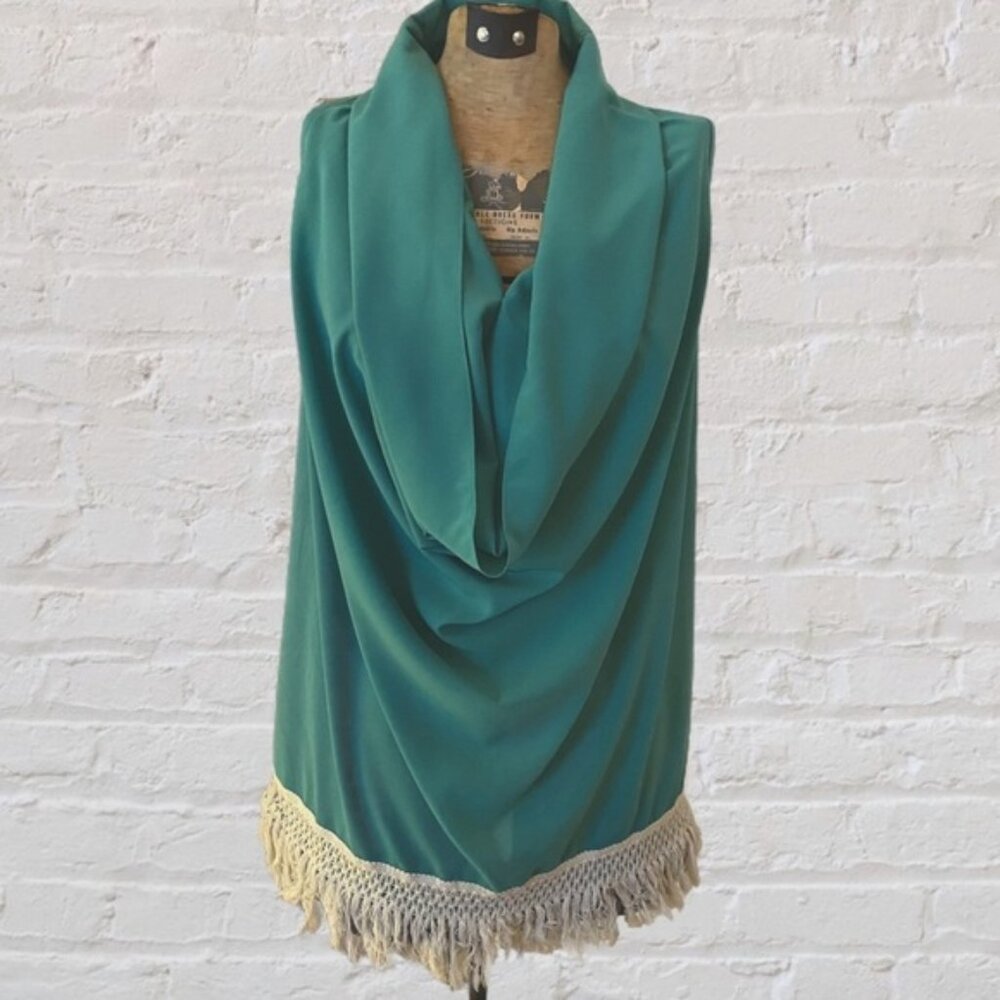 Judith March Turquoise Sleeveless Cowl Neck Loose Fit BohoTop Tassel Hem